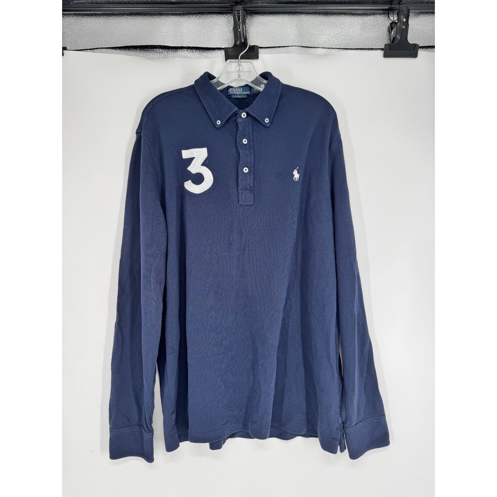 Polo Ralph Lauren Polo Shirt Large Navy Classic Fit Long Sleeve Rugby #3 Graphic